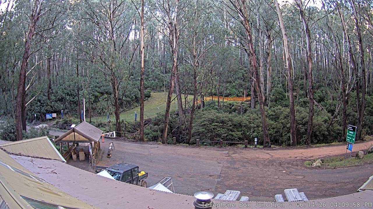 Mt Stirling Telephone Box Junction snow cam captured at 14 June 2026, 6:13 am