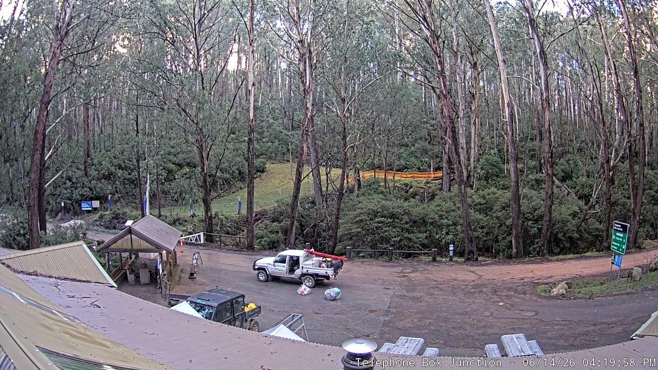 Mt Stirling Telephone Box Junction snow cam captured at 14 June 2026, 6:25 am