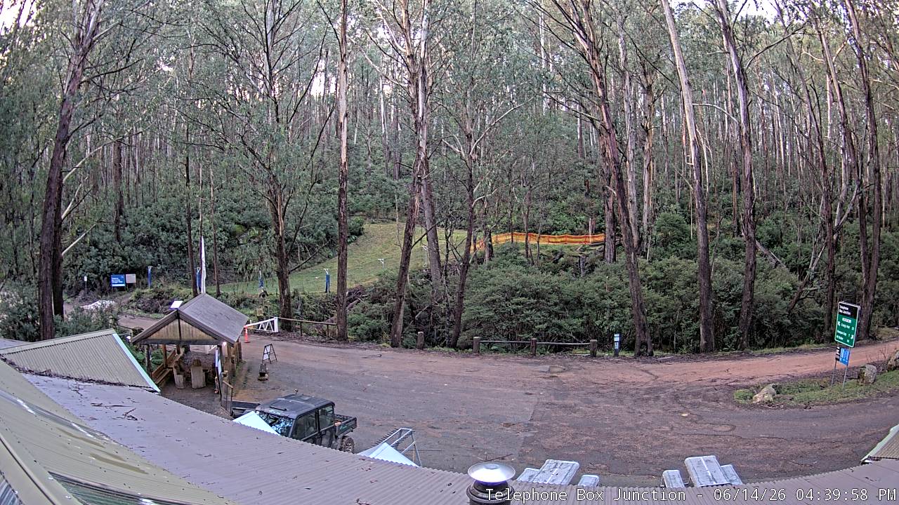 Mt Stirling Telephone Box Junction snow cam captured at 14 June 2026, 6:43 am