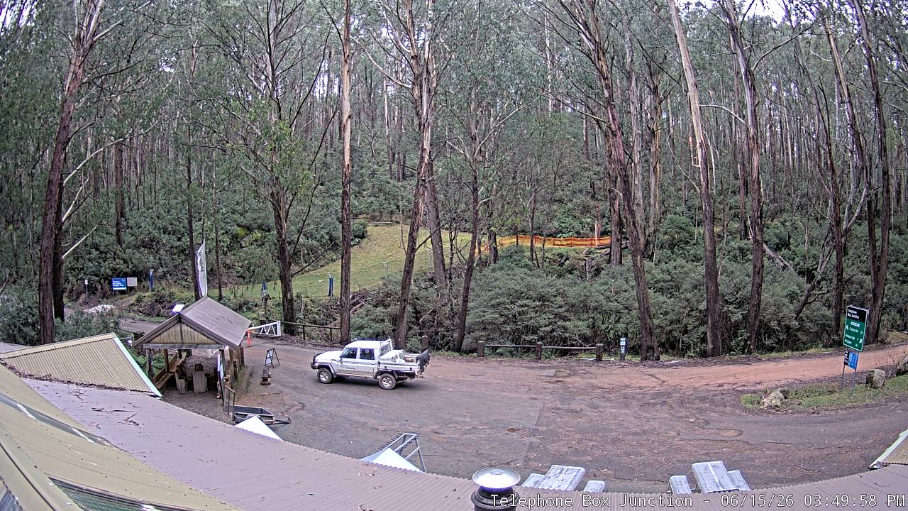 Mt Stirling Telephone Box Junction snow cam captured at 15 June 2026, 5:55 am