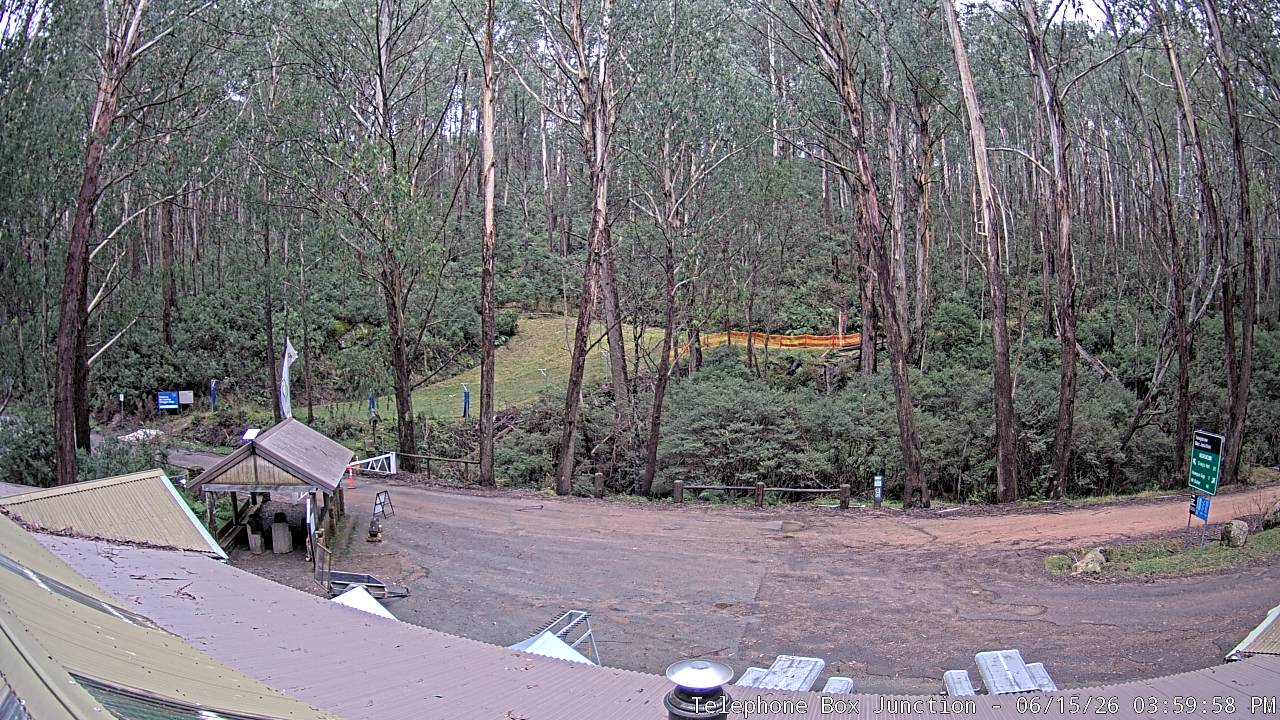 Mt Stirling Telephone Box Junction snow cam captured at 15 June 2026, 6:01 am