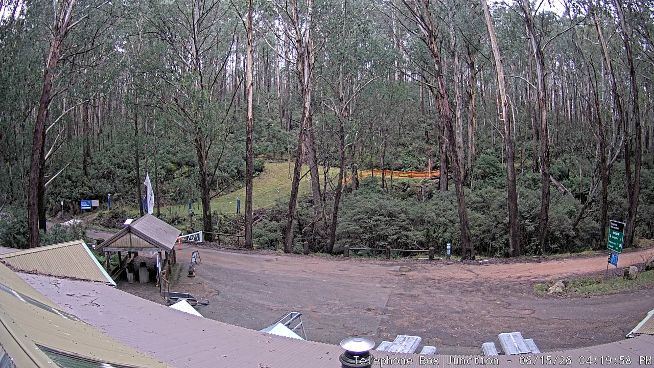 Mt Stirling Telephone Box Junction snow cam captured at 15 June 2026, 6:25 am