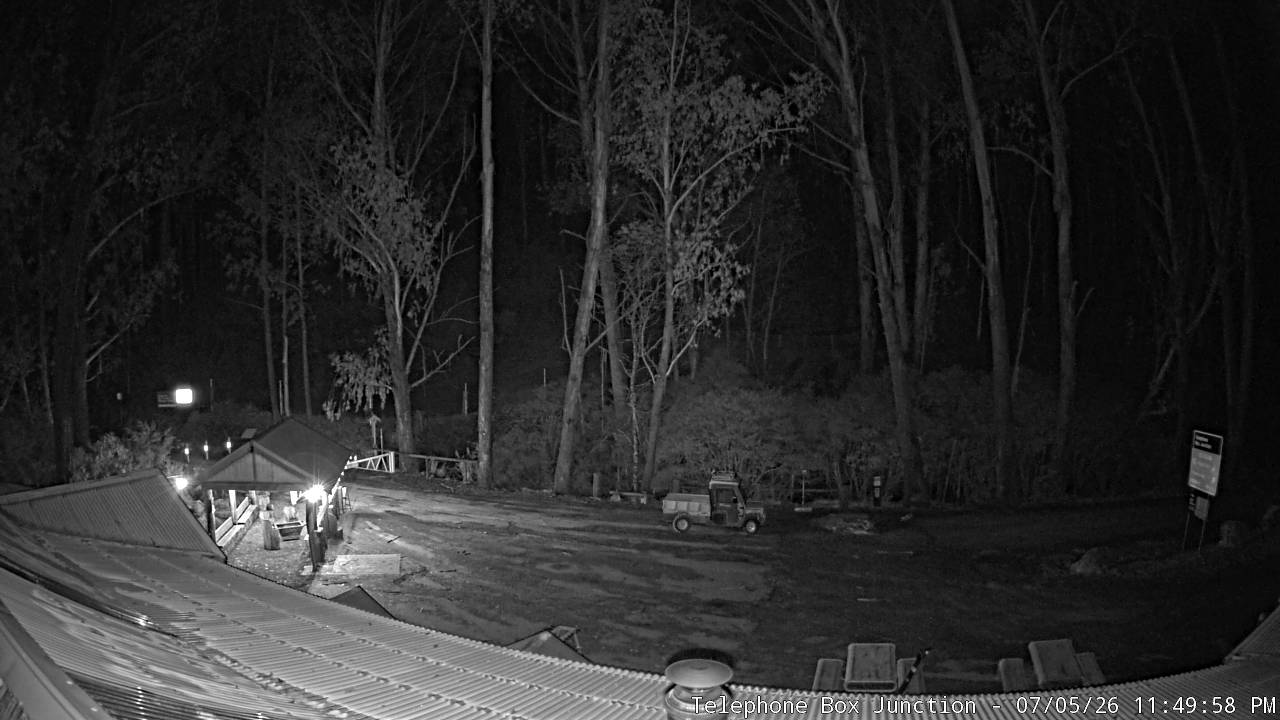 Mt Stirling Telephone Box Junction snow cam captured at 5 July 2026 at 11:55 pm AEST