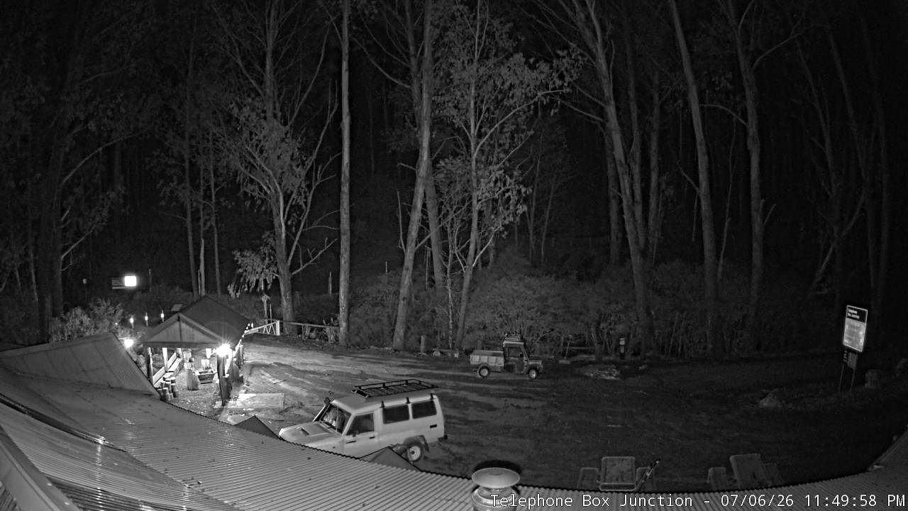 Mt Stirling Telephone Box Junction snow cam captured at 6 July 2026 at 11:56 pm AEST