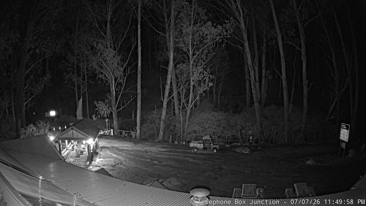 Mt Stirling Telephone Box Junction snow cam captured at 7 July 2026 at 11:57 pm AEST