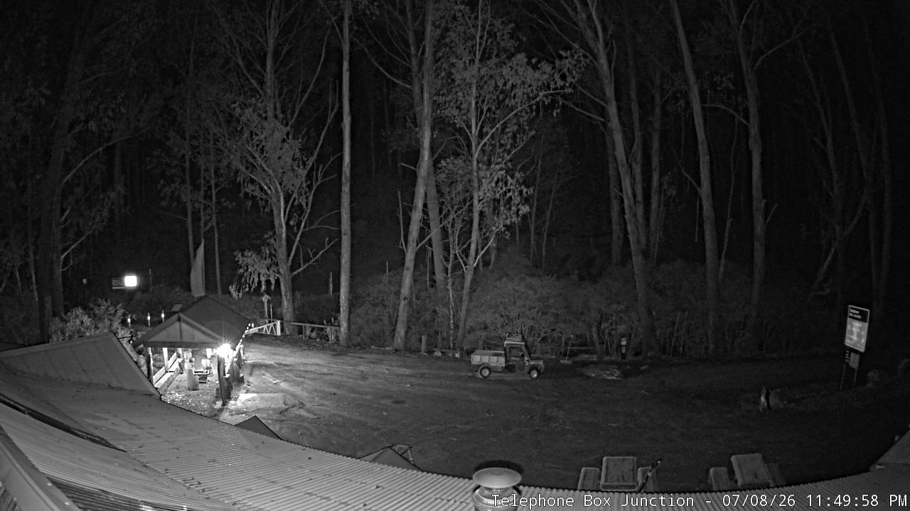 Mt Stirling Telephone Box Junction snow cam captured at 8 July 2026 at 11:58 pm AEST