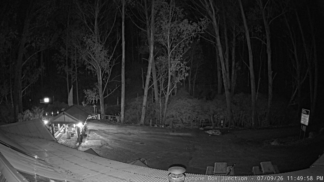 Mt Stirling Telephone Box Junction snow cam captured at 9 July 2026 at 11:59 pm AEST