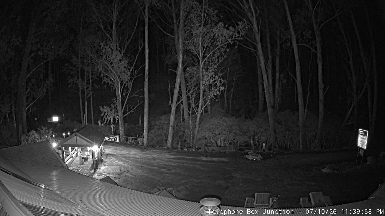 Mt Stirling Telephone Box Junction snow cam captured at 10 July 2026 at 11:49 pm AEST