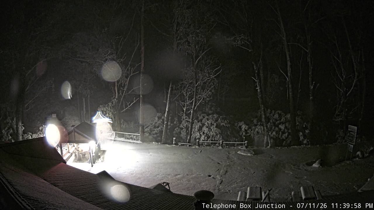 Mt Stirling Telephone Box Junction snow cam captured at 11 July 2026 at 11:49 pm AEST