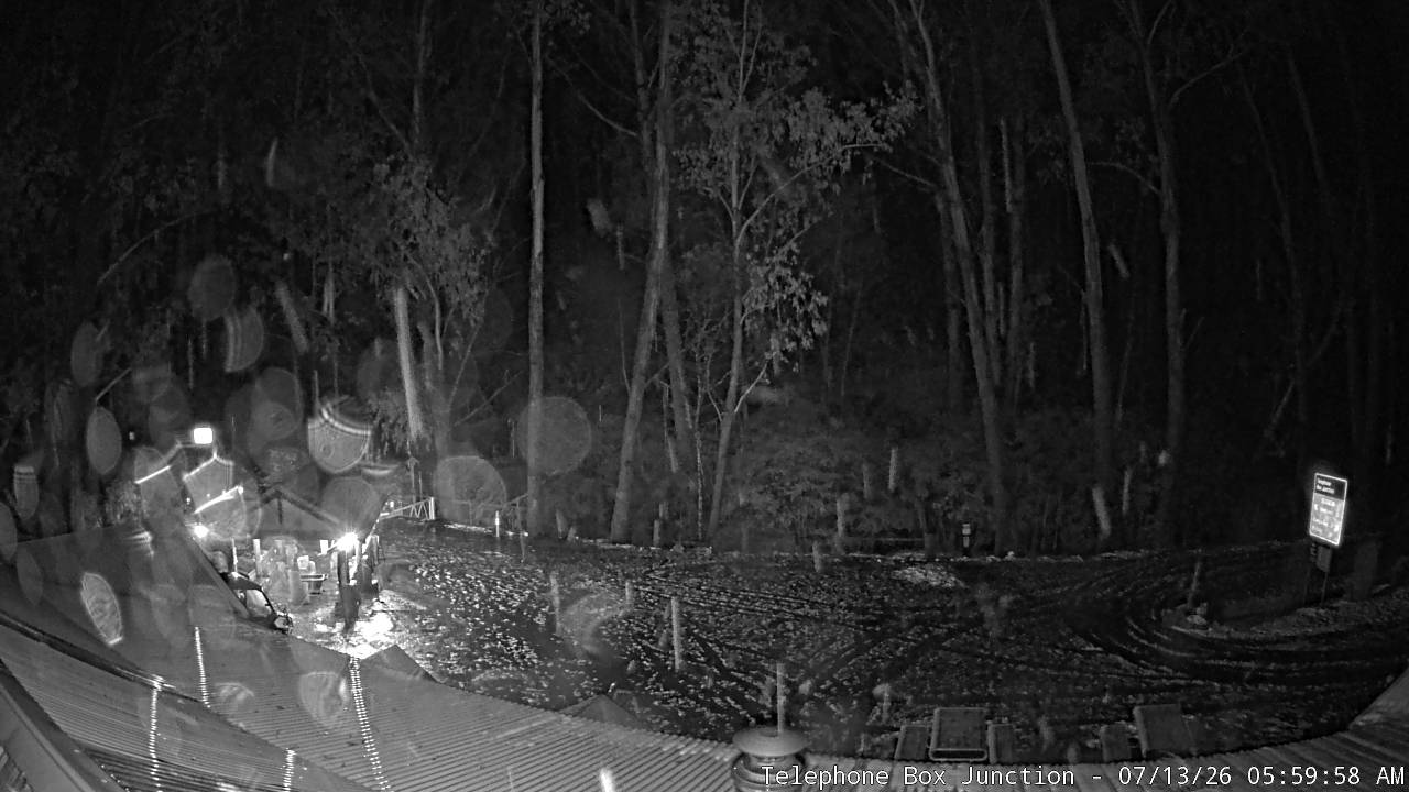 Mt Stirling Telephone Box Junction snow cam captured at 13 July 2026 at 6:04 am AEST