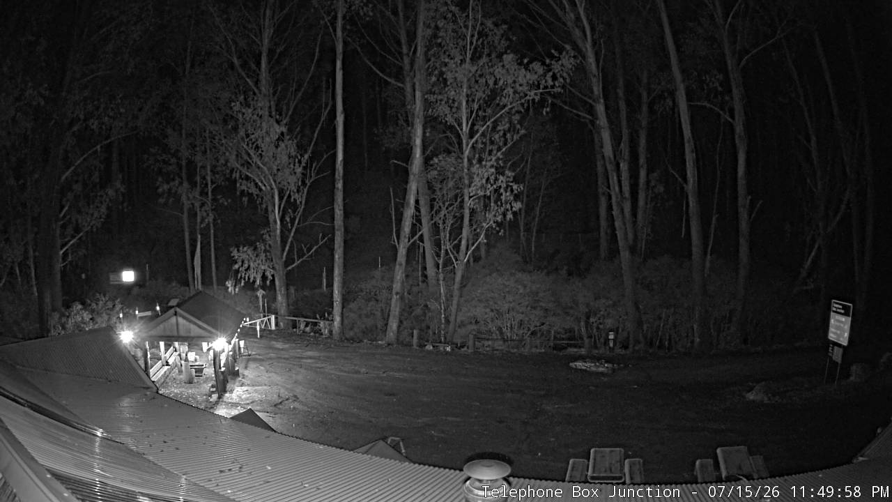 Mt Stirling Telephone Box Junction snow cam captured at 15 July 2026 at 11:54 pm AEST
