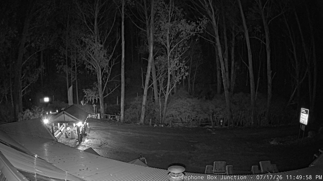 Mt Stirling Telephone Box Junction snow cam captured at 17 July 2026 at 11:56 pm AEST