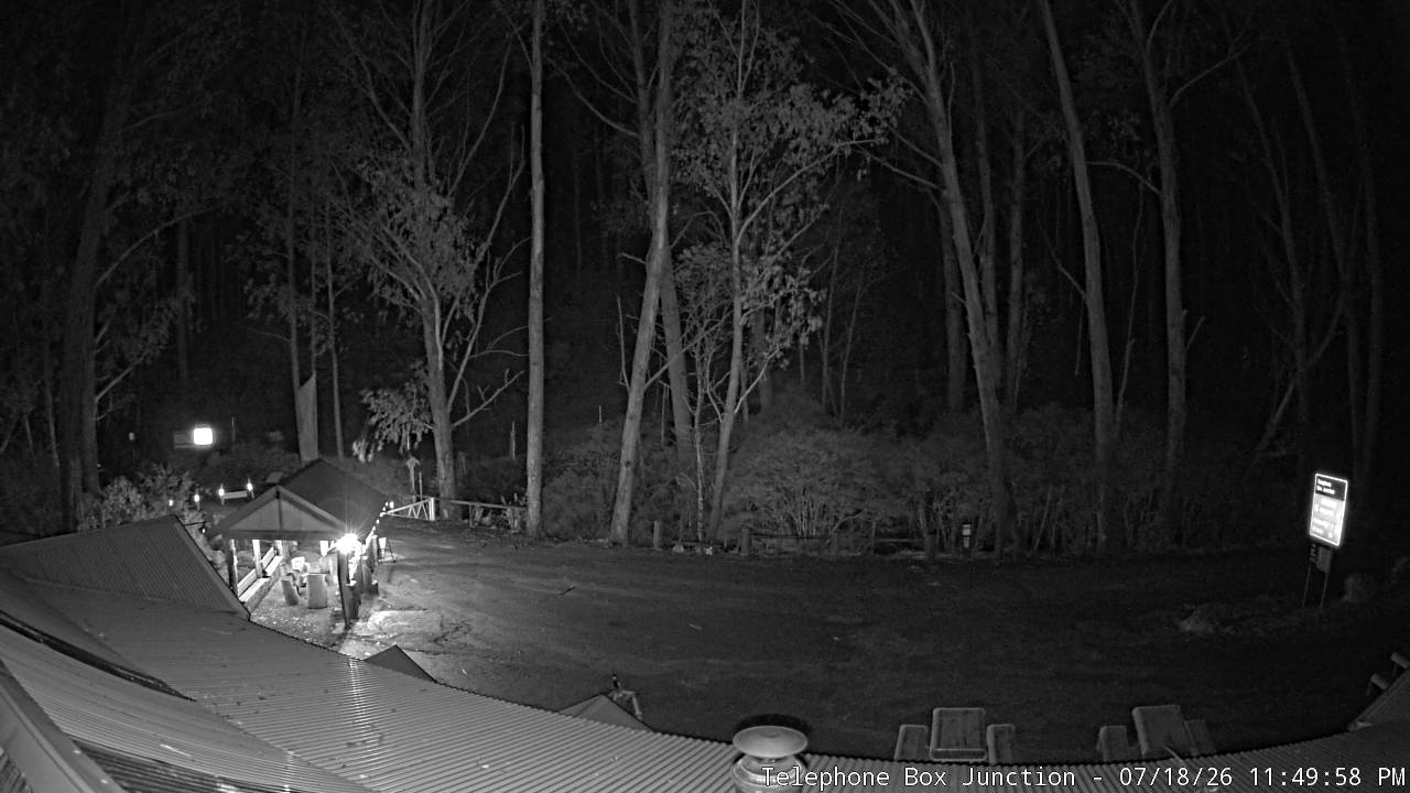 Mt Stirling Telephone Box Junction snow cam captured at 18 July 2026 at 11:57 pm AEST
