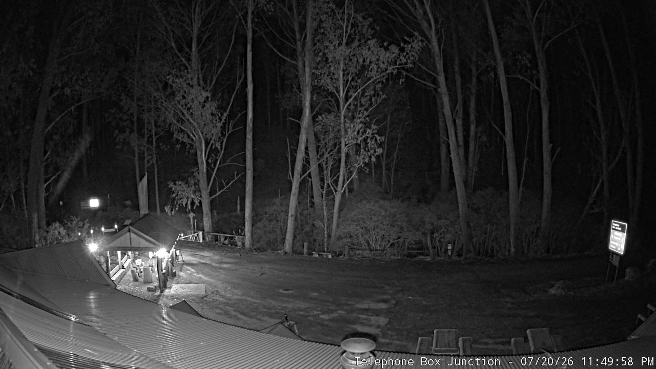 Mt Stirling Telephone Box Junction snow cam captured at 20 July 2026 at 11:59 pm AEST
