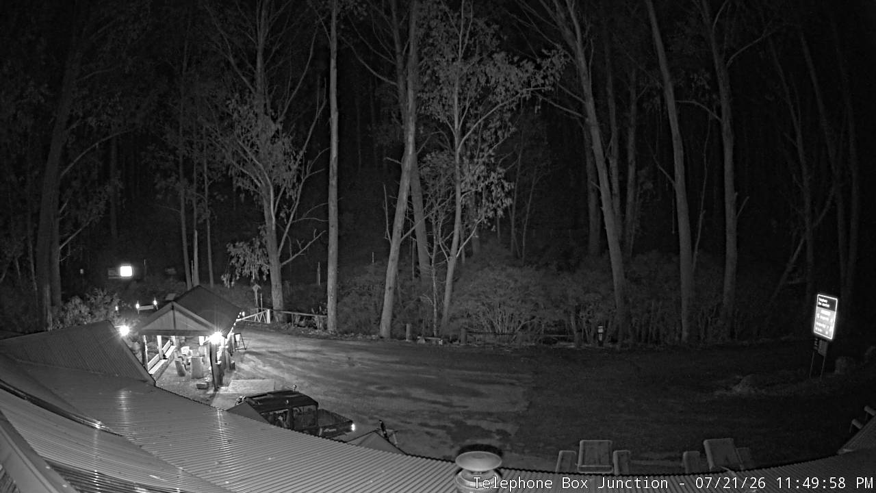 Mt Stirling Telephone Box Junction snow cam captured at 21 July 2026 at 11:50 pm AEST