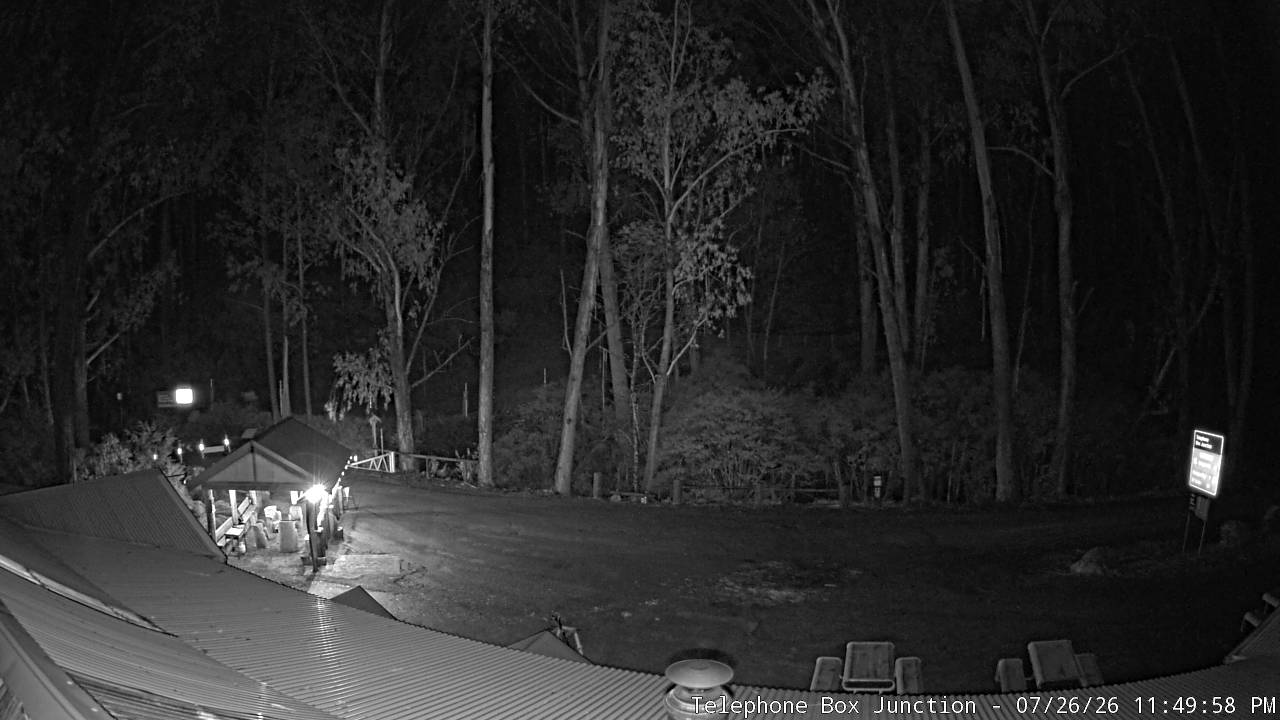 Mt Stirling Telephone Box Junction snow cam captured at 26 July 2026 at 11:56 pm AEST