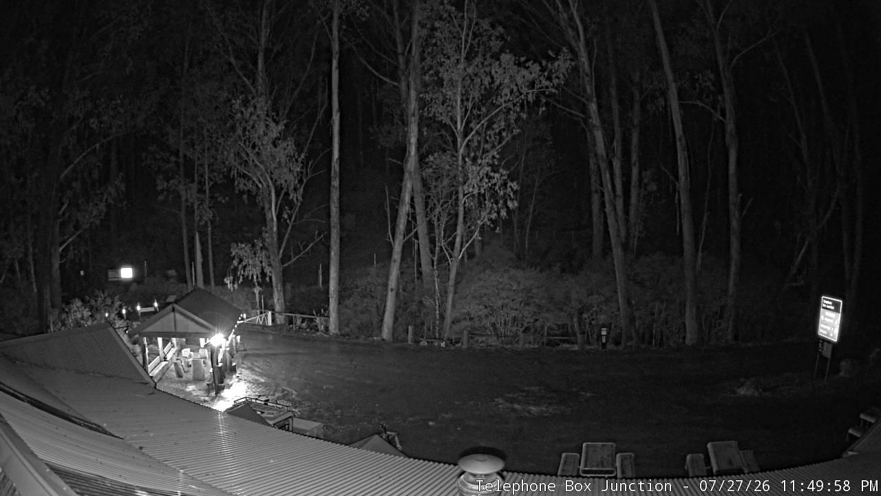 Mt Stirling Telephone Box Junction snow cam captured at 27 July 2026 at 11:57 pm AEST