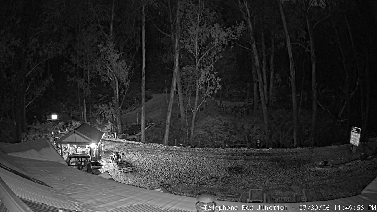 Mt Stirling Telephone Box Junction snow cam captured at 30 July 2026 at 11:59 pm AEST