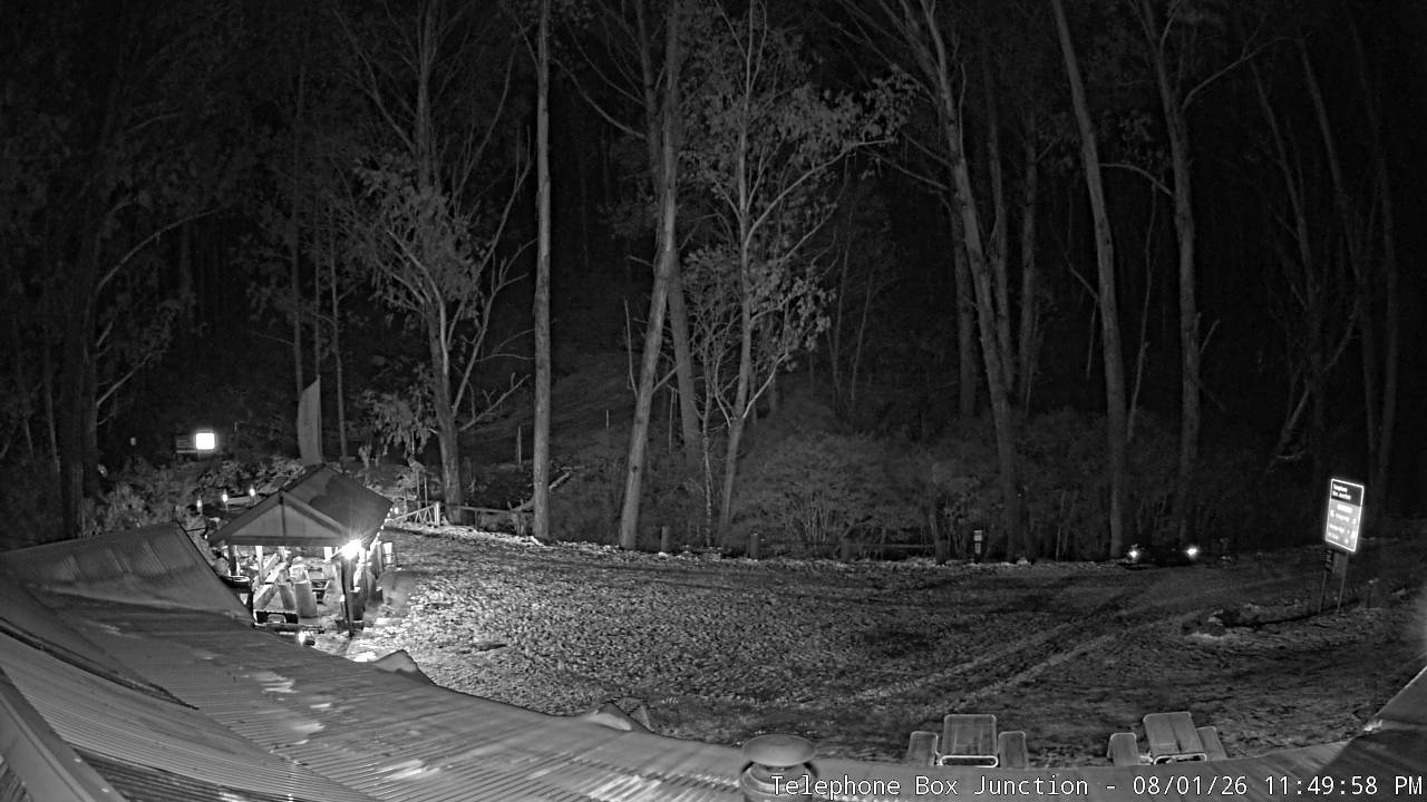 Mt Stirling Telephone Box Junction snow cam captured at 1 August 2026 at 11:53 pm AEST