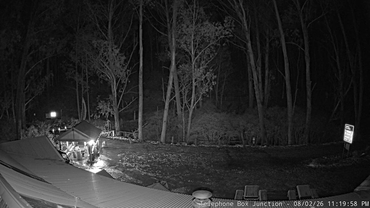 Mt Stirling Telephone Box Junction snow cam captured at 2 August 2026 at 11:30 pm AEST