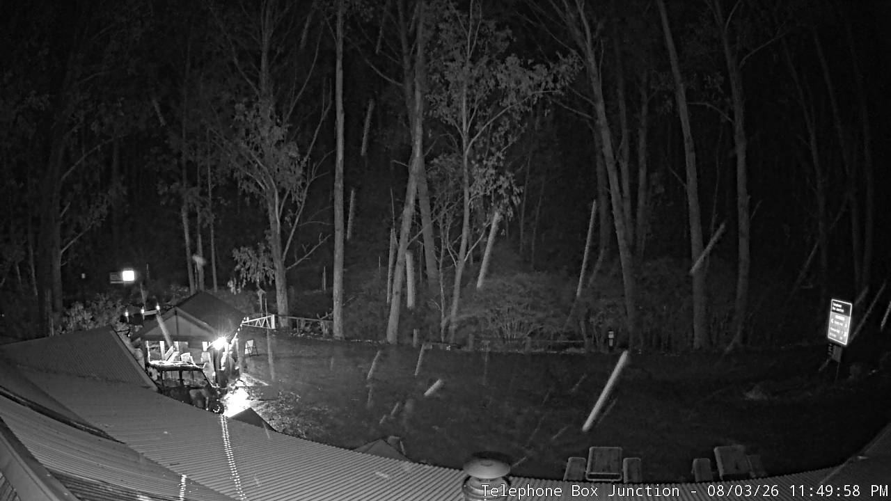 Mt Stirling Telephone Box Junction snow cam captured at 3 August 2026 at 11:53 pm AEST
