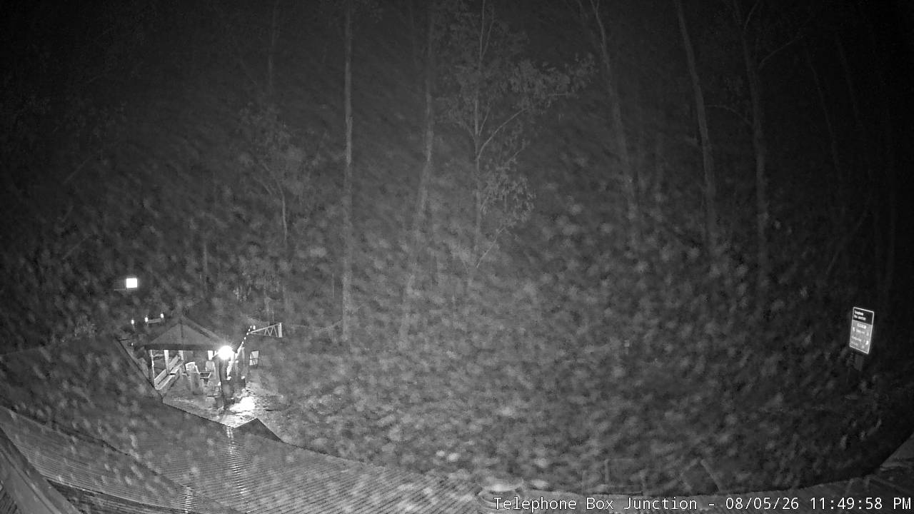 Mt Stirling Telephone Box Junction snow cam captured at 5 August 2026 at 11:55 pm AEST