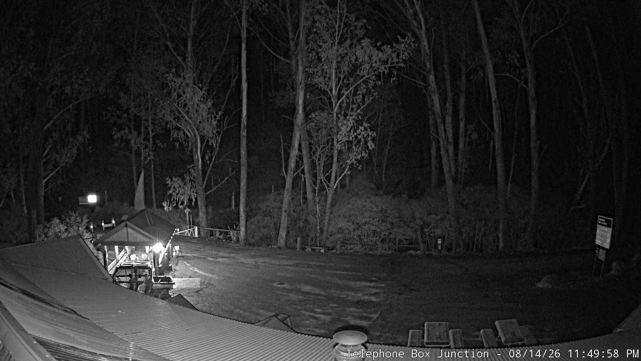 Mt Stirling Telephone Box Junction snow cam captured at 14 August 2026 at 11:55 pm AEST