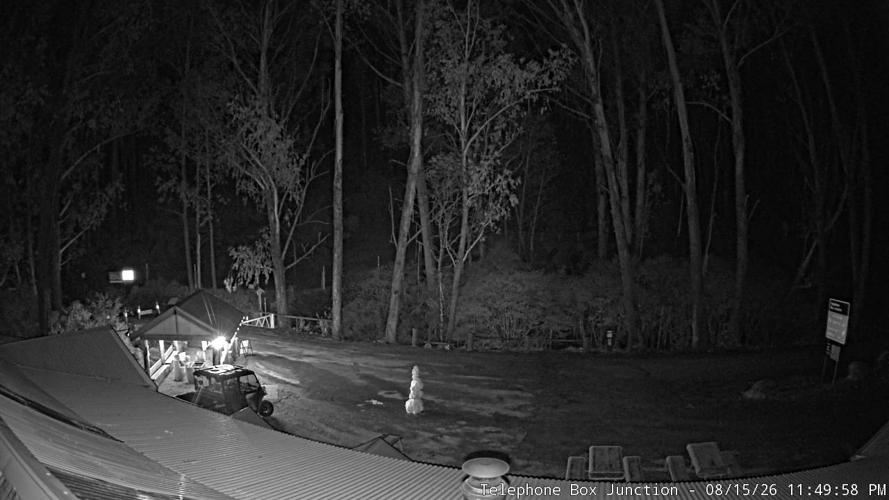 Mt Stirling Telephone Box Junction snow cam captured at 15 August 2026 at 11:56 pm AEST
