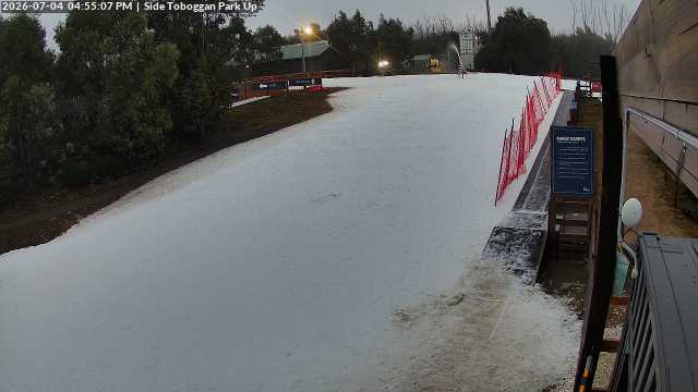 Lake Mountain Mini Toboggan Run snow cam captured at 4 July 2026 at 4:57 pm AEST