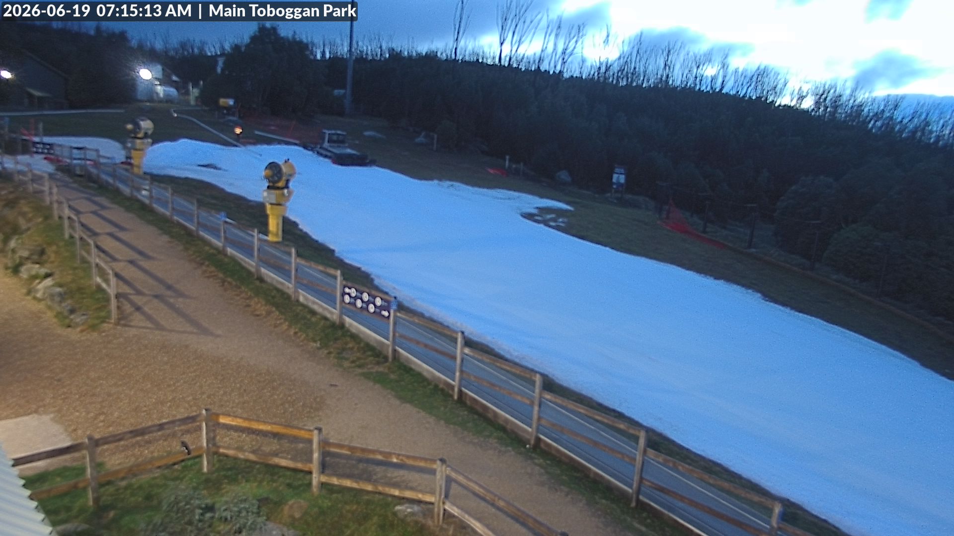 Lake Mountain Village Toboggan Run snow cam captured at 18 June 2026, 9:18 pm