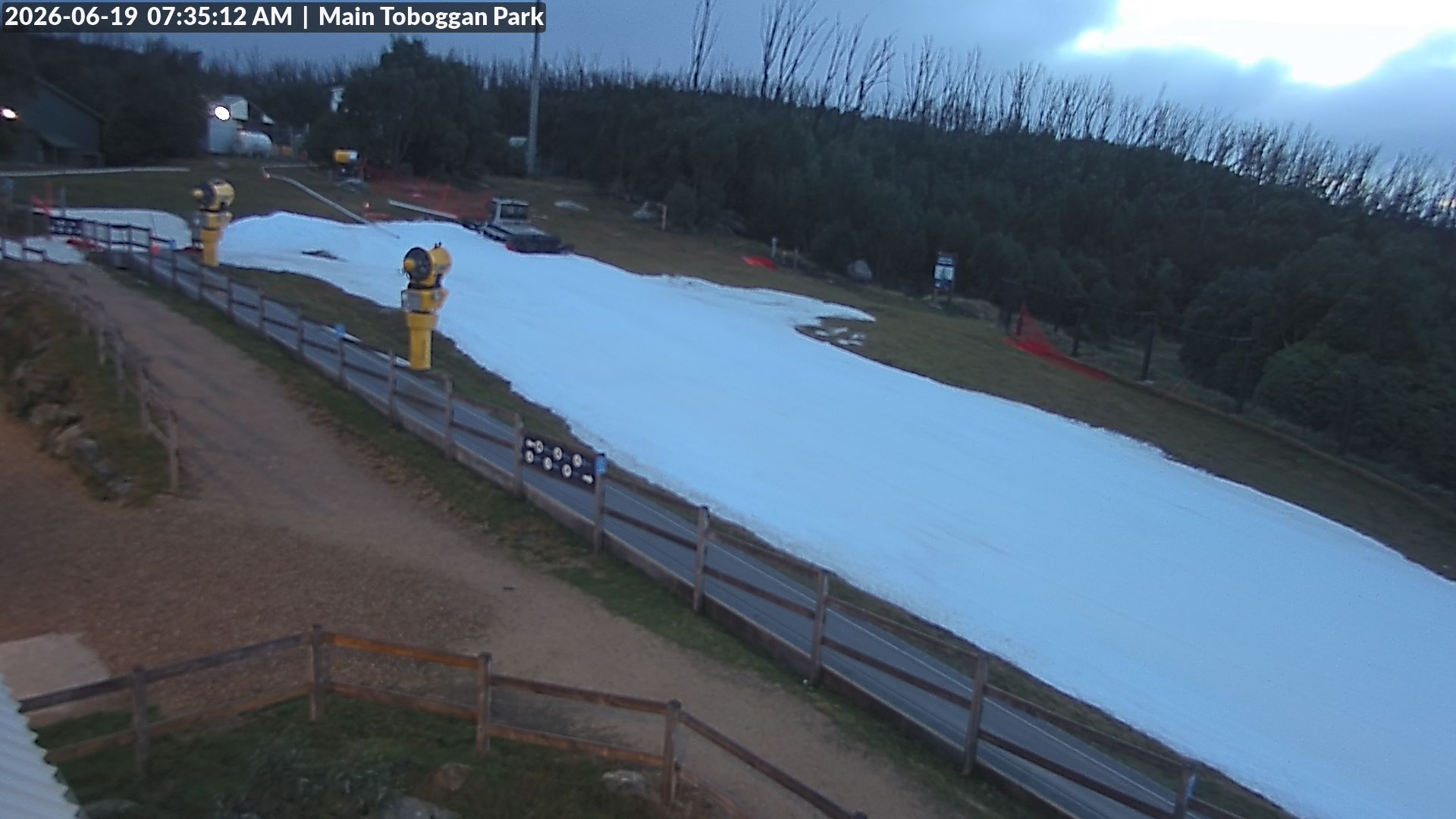 Lake Mountain Village Toboggan Run snow cam captured at 18 June 2026, 9:36 pm