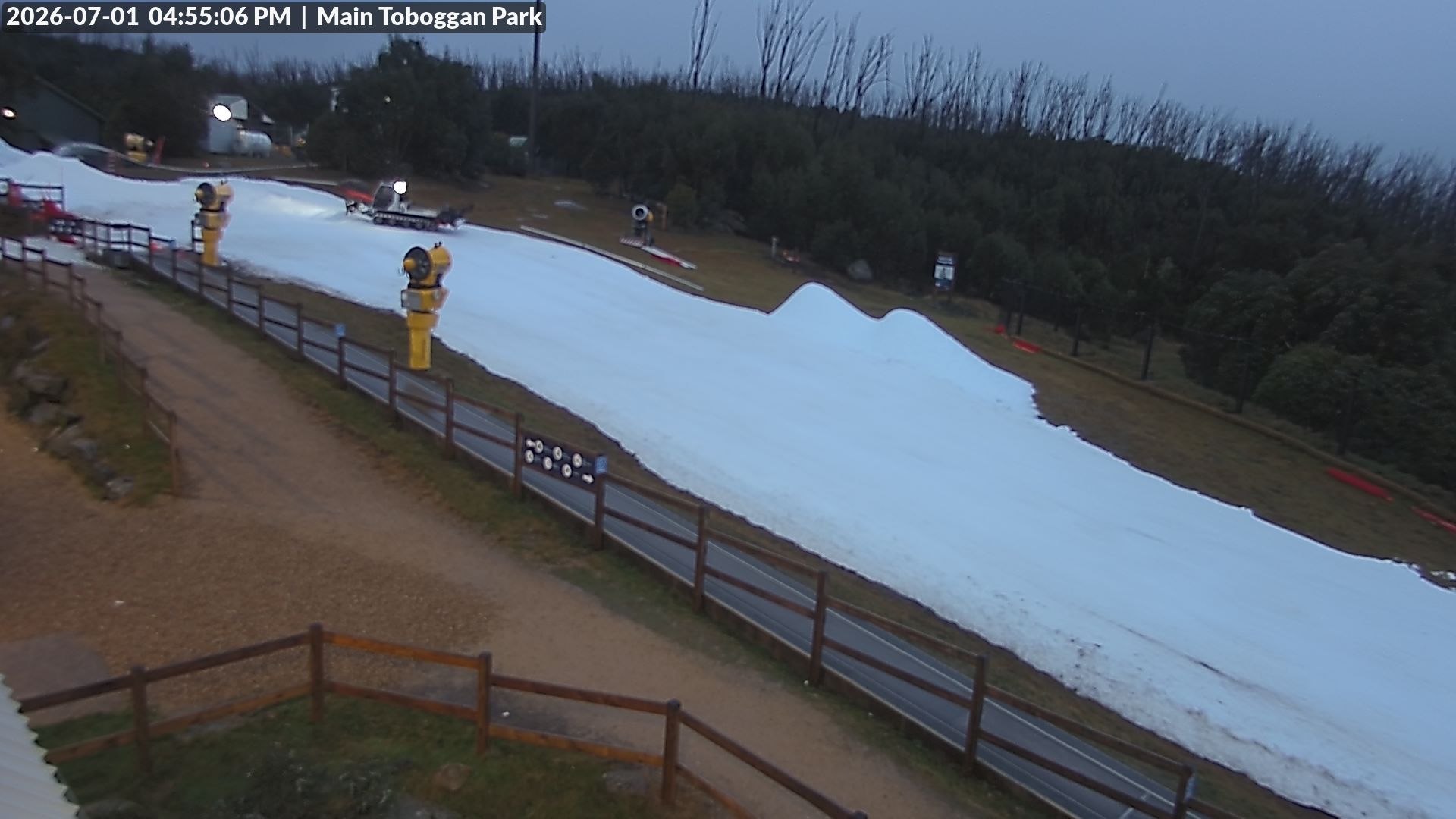 Lake Mountain Village Toboggan Run snow cam captured at 1 July 2026 at 4:59 pm AEST