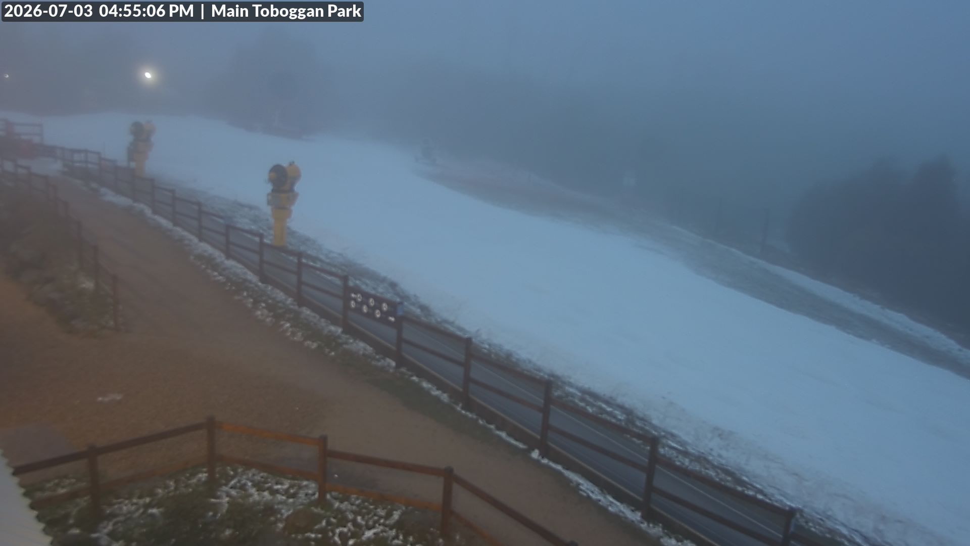 Lake Mountain Village Toboggan Run snow cam captured at 3 July 2026 at 4:58 pm AEST