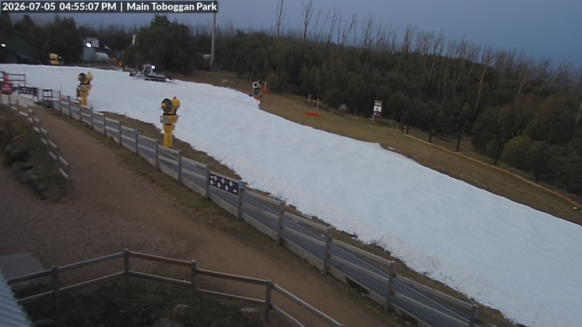 Lake Mountain Village Toboggan Run snow cam captured at 5 July 2026 at 4:57 pm AEST