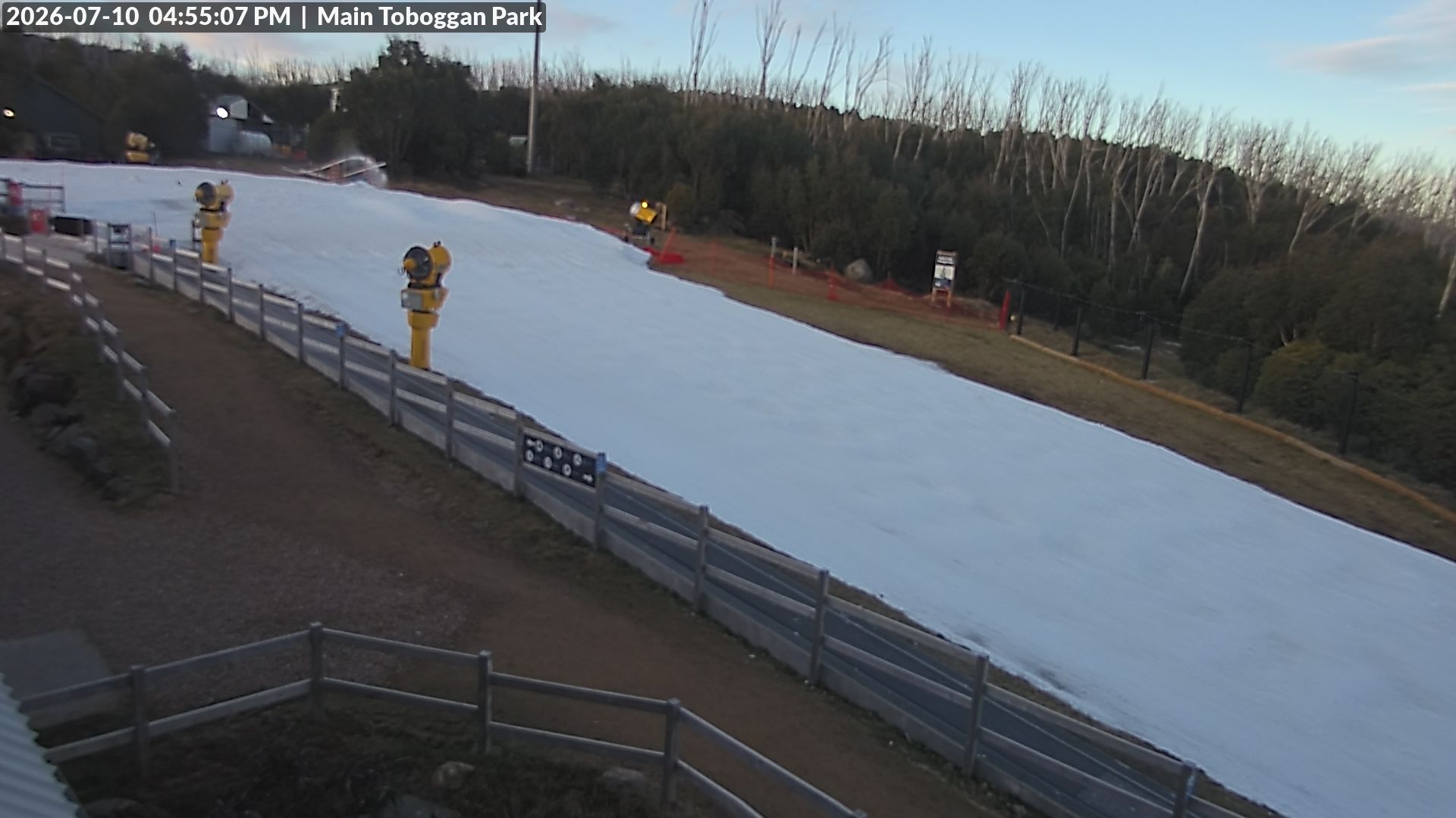 Lake Mountain Village Toboggan Run snow cam captured at 10 July 2026 at 4:57 pm AEST