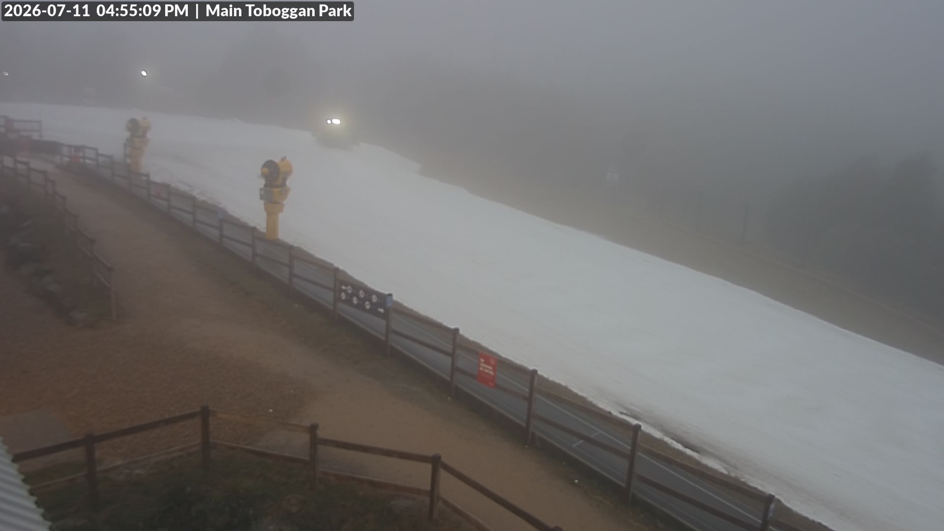 Lake Mountain Village Toboggan Run snow cam captured at 11 July 2026 at 4:57 pm AEST