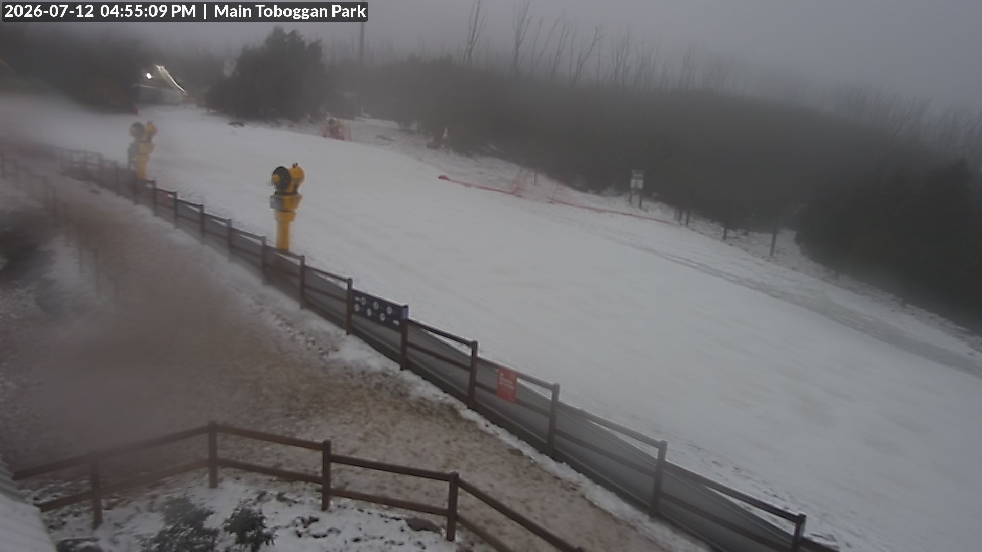 Lake Mountain Village Toboggan Run snow cam captured at 12 July 2026 at 4:56 pm AEST