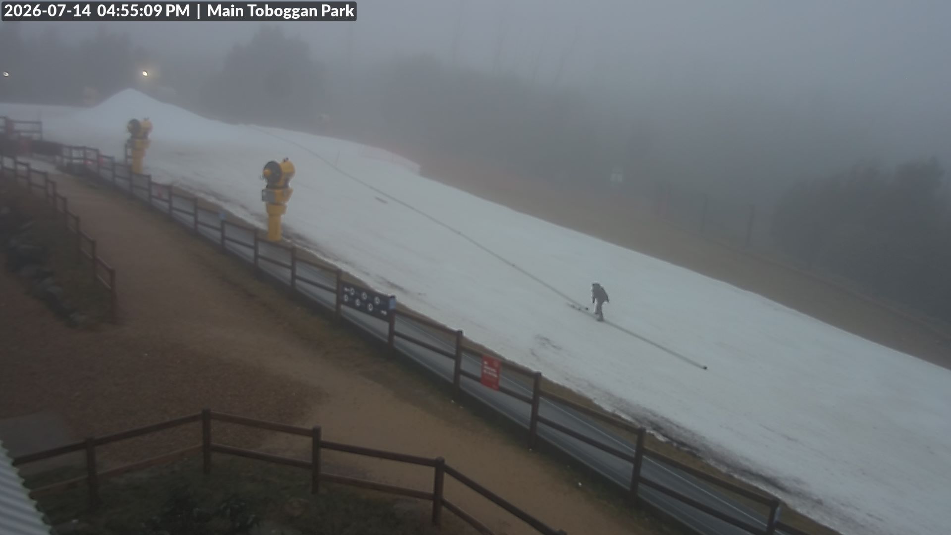 Lake Mountain Village Toboggan Run snow cam captured at 14 July 2026 at 4:55 pm AEST