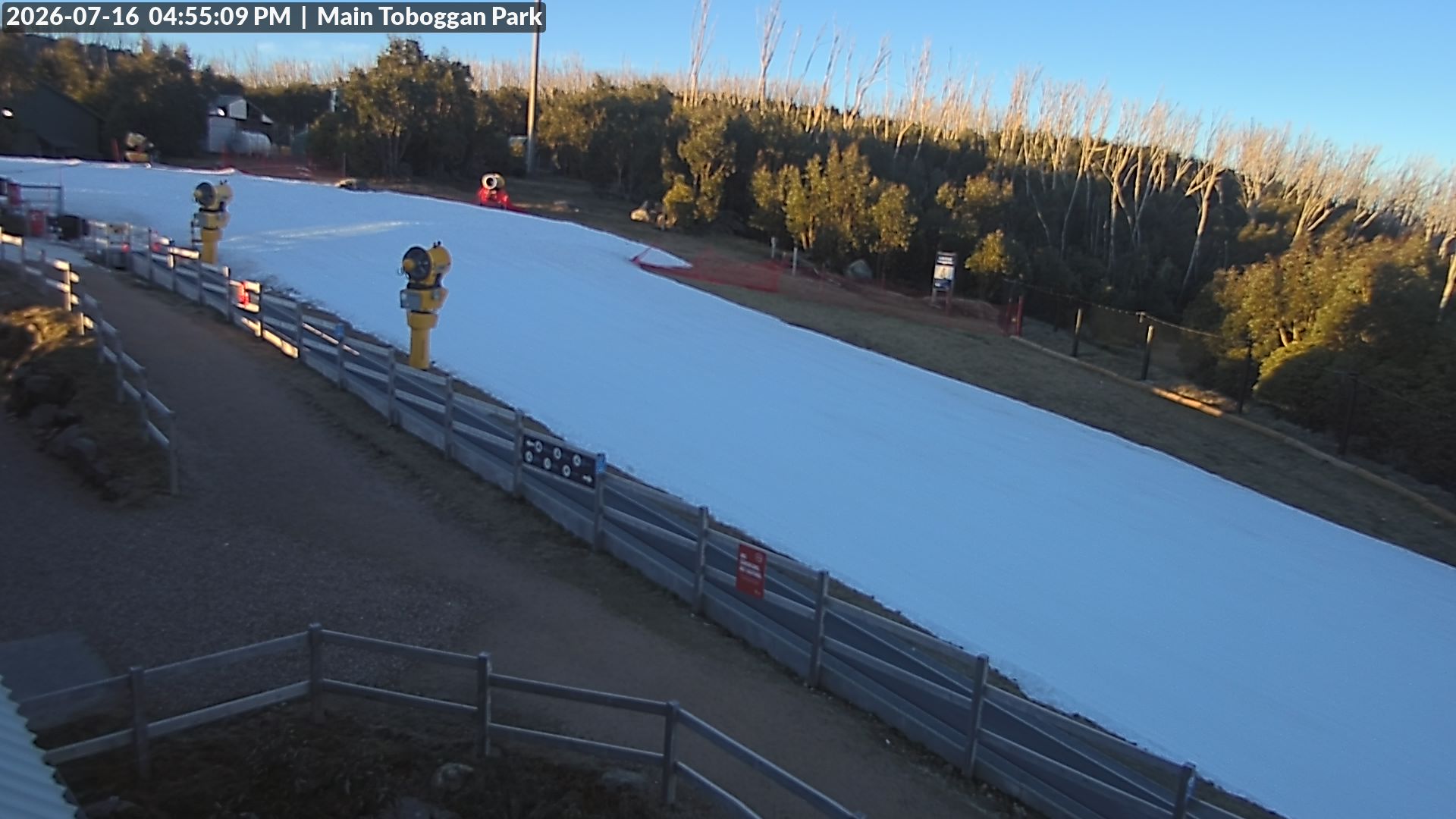 Lake Mountain Village Toboggan Run snow cam captured at 16 July 2026 at 4:55 pm AEST