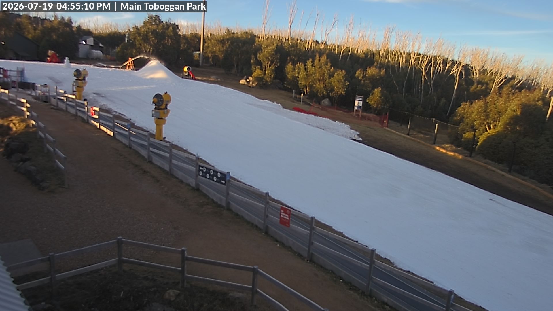Lake Mountain Village Toboggan Run snow cam captured at 19 July 2026 at 4:55 pm AEST