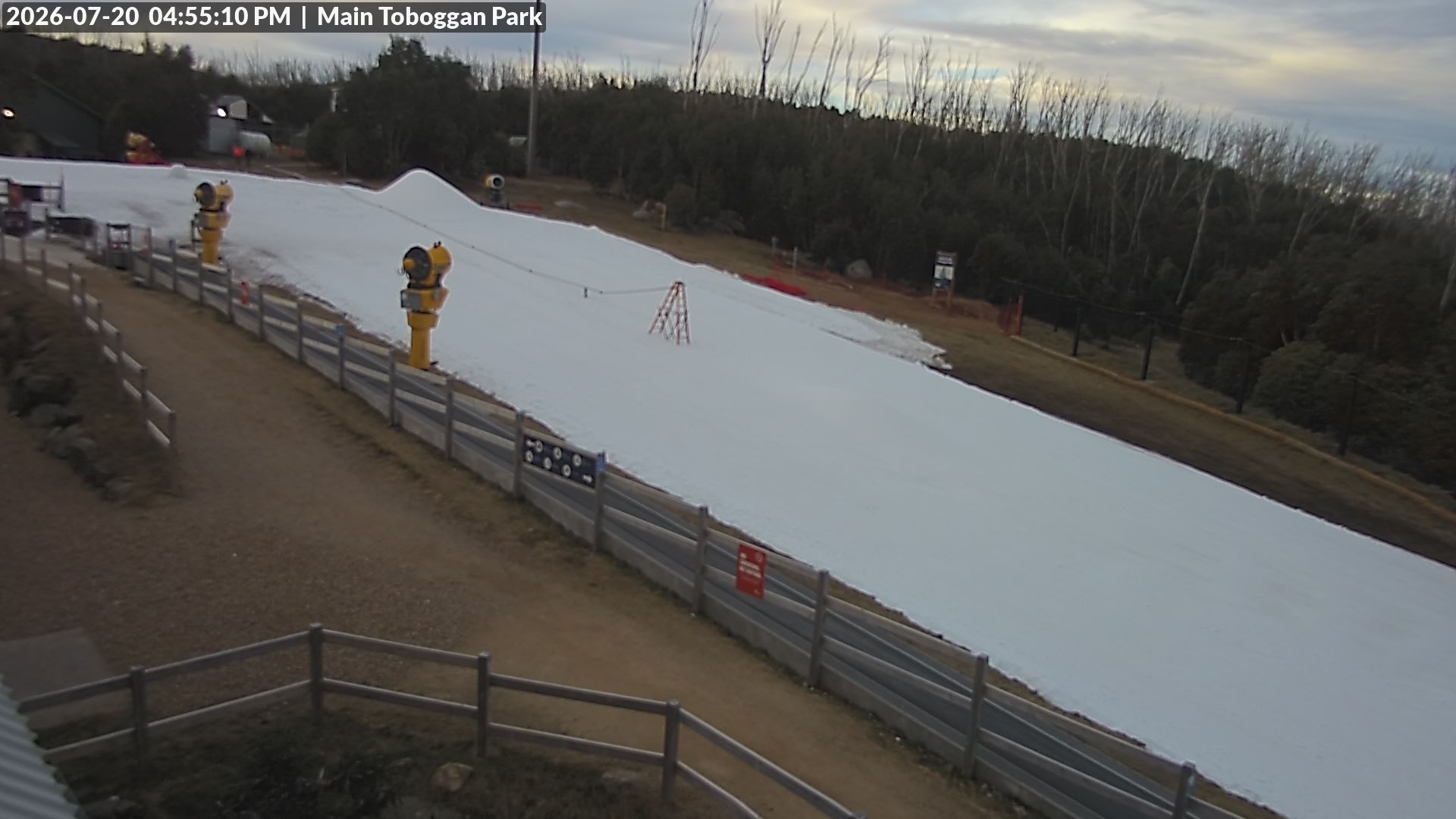 Lake Mountain Village Toboggan Run snow cam captured at 20 July 2026 at 4:55 pm AEST