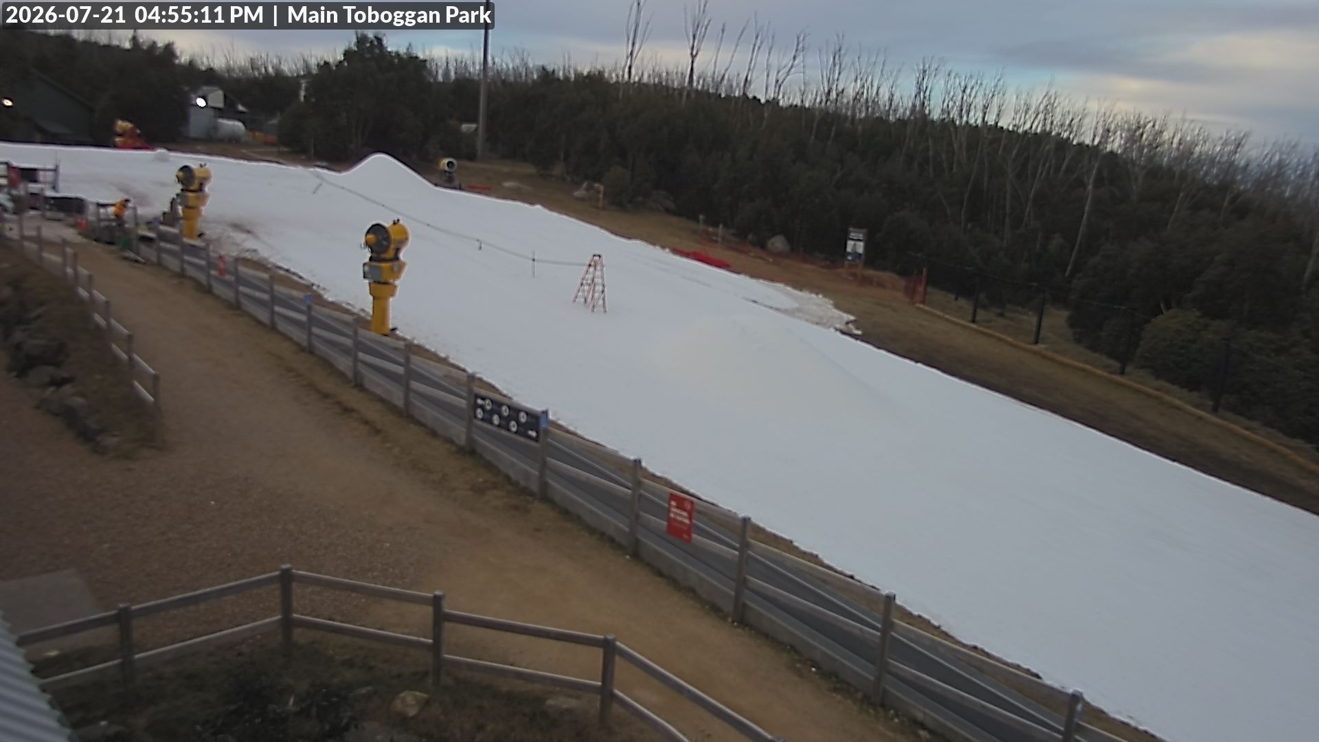 Lake Mountain Village Toboggan Run snow cam captured at 21 July 2026 at 4:57 pm AEST