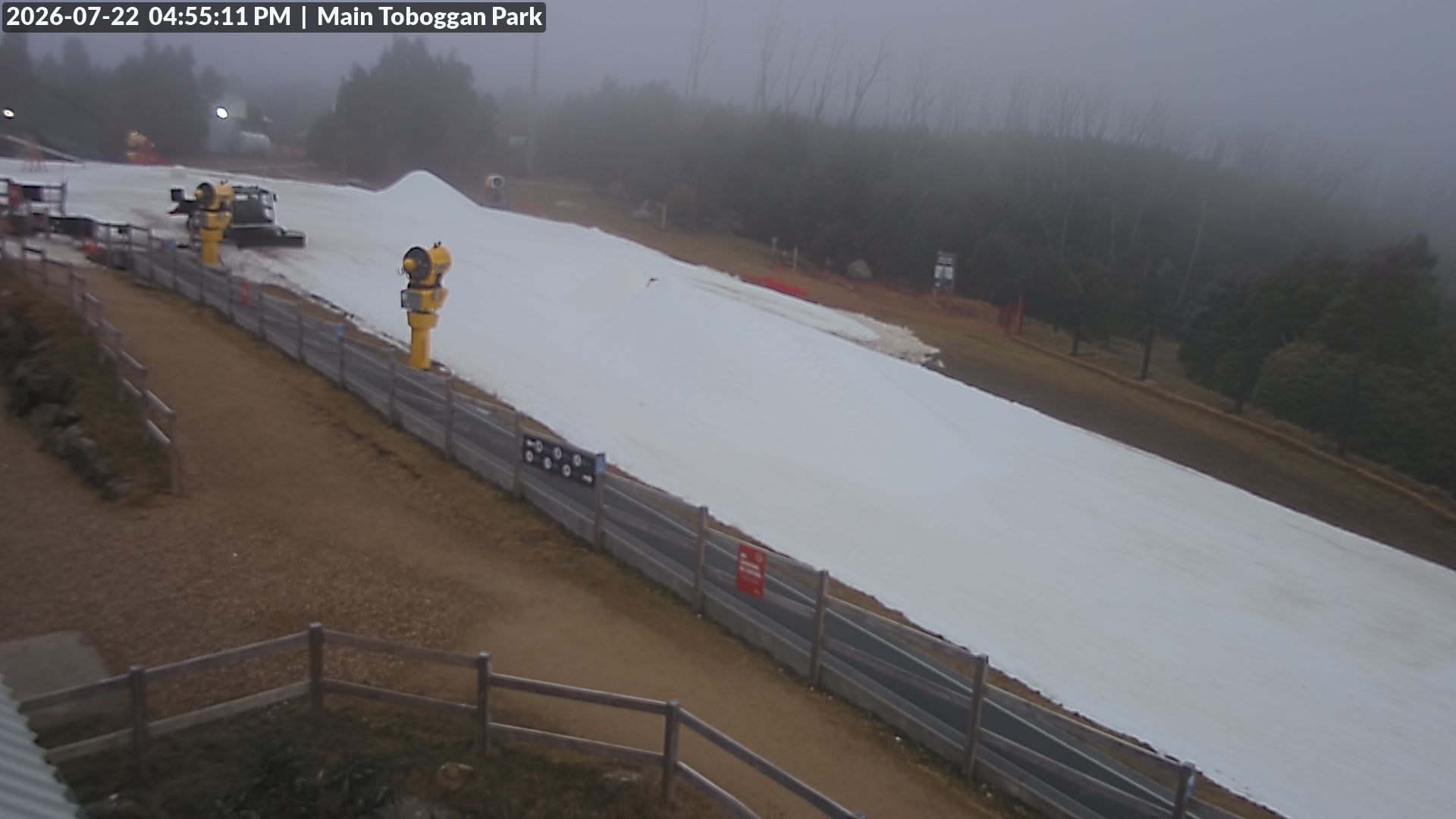 Lake Mountain Village Toboggan Run snow cam captured at 22 July 2026 at 4:57 pm AEST
