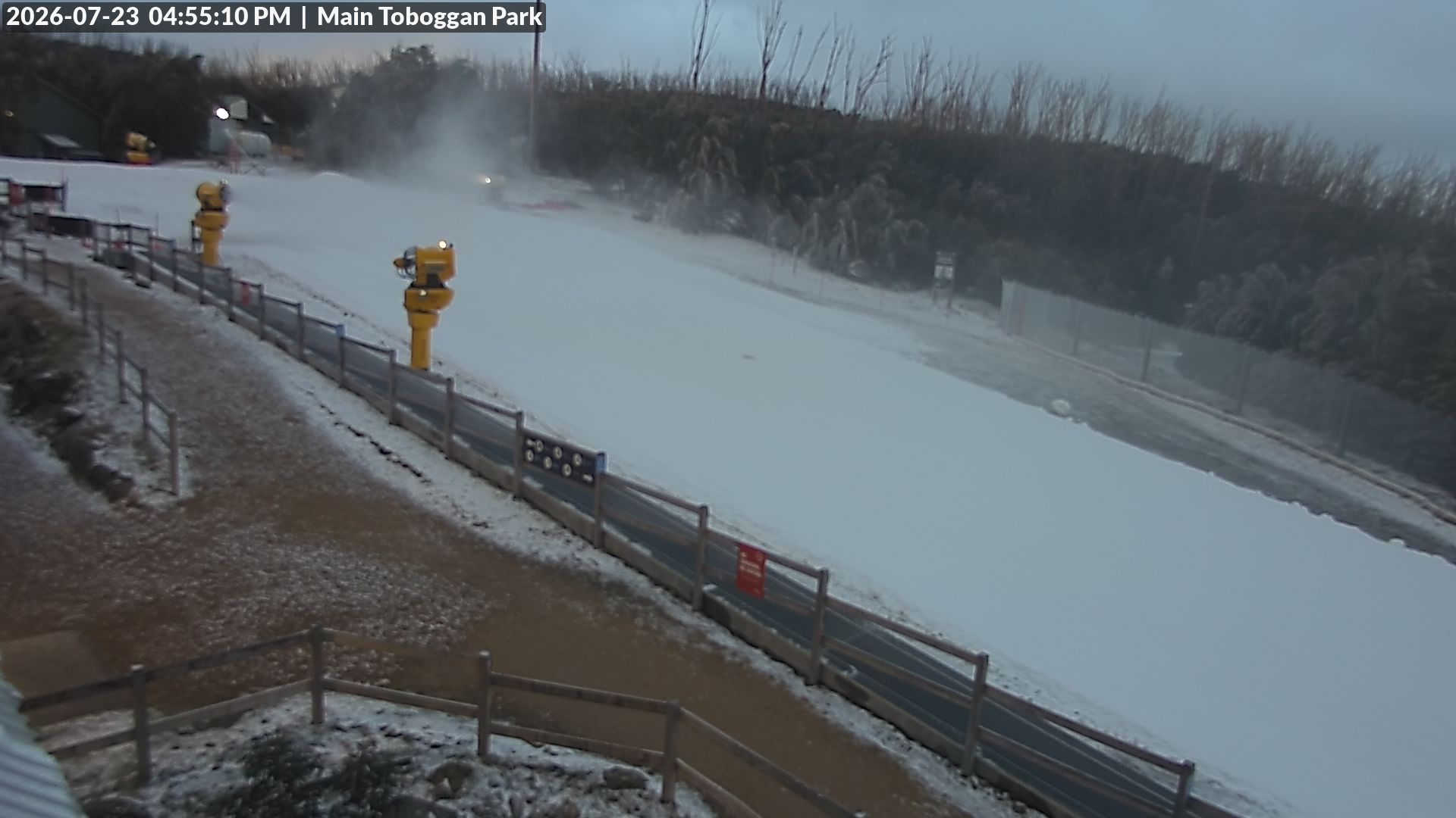 Lake Mountain Village Toboggan Run snow cam captured at 23 July 2026 at 4:58 pm AEST
