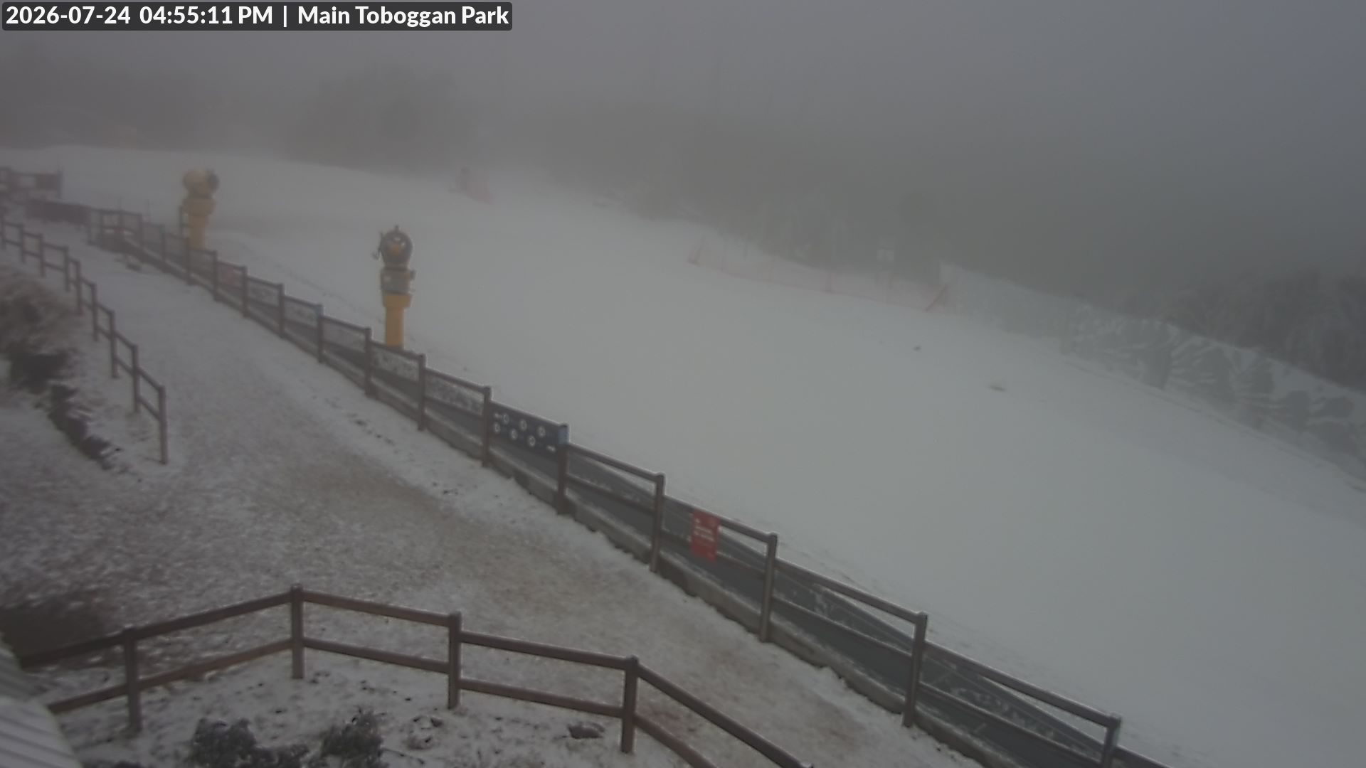 Lake Mountain Village Toboggan Run snow cam captured at 24 July 2026 at 4:59 pm AEST