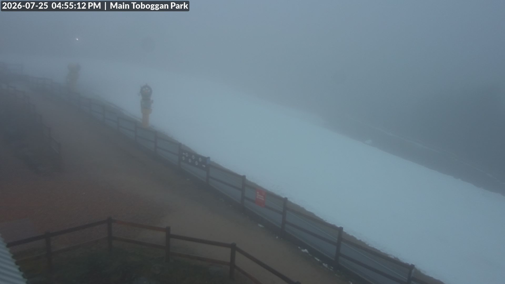 Lake Mountain Village Toboggan Run snow cam captured at 25 July 2026 at 4:59 pm AEST