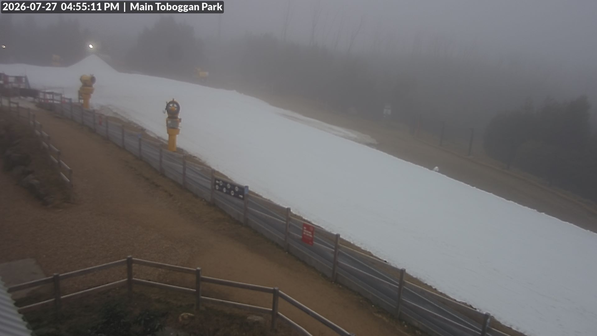 Lake Mountain Village Toboggan Run snow cam captured at 27 July 2026 at 4:59 pm AEST