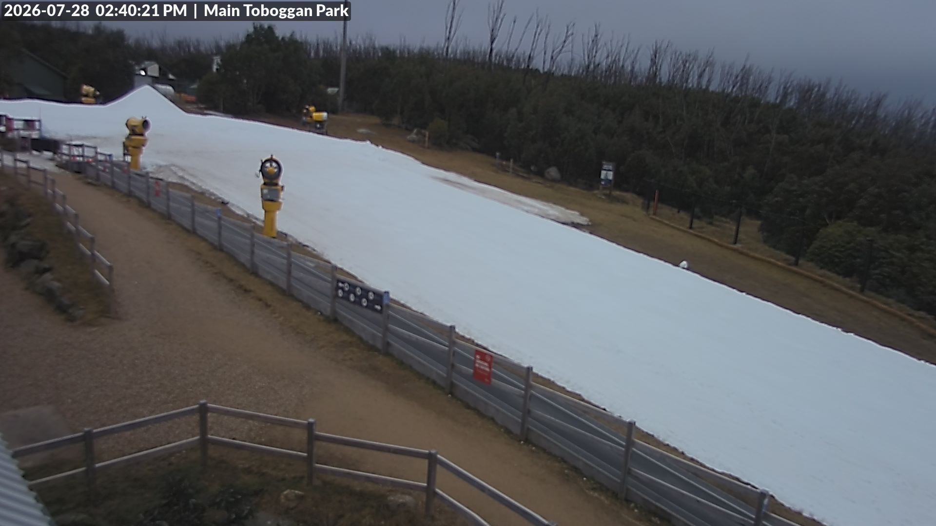 Lake Mountain Village Toboggan Run snow cam captured at 28 July 2026 at 2:41 pm AEST