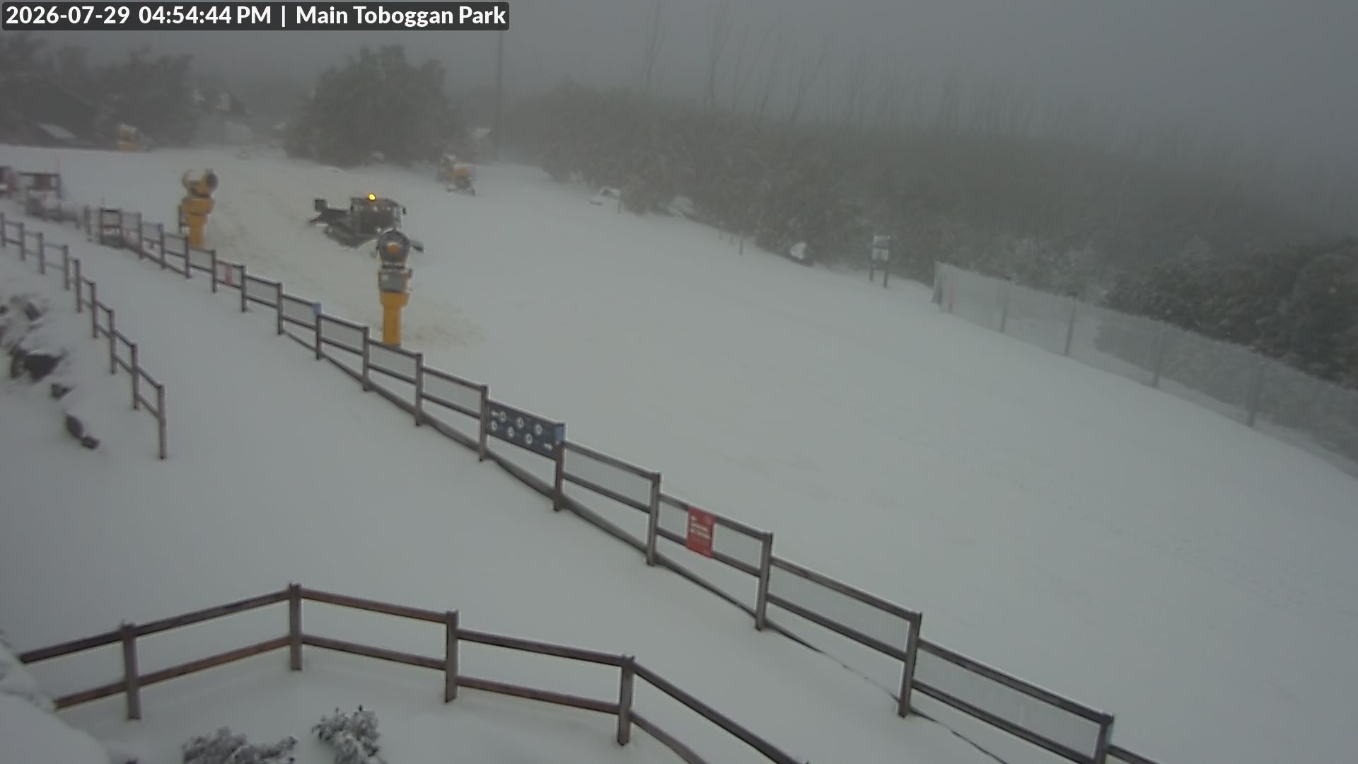 Lake Mountain Village Toboggan Run snow cam captured at 29 July 2026 at 4:59 pm AEST