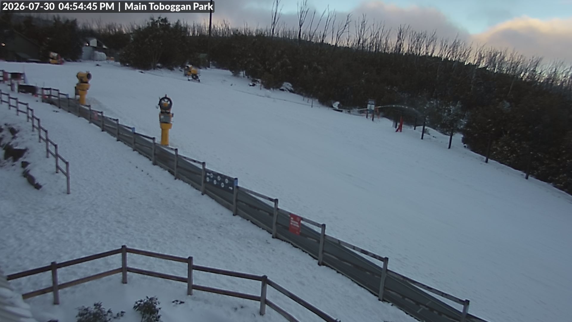 Lake Mountain Village Toboggan Run snow cam captured at 30 July 2026 at 4:59 pm AEST